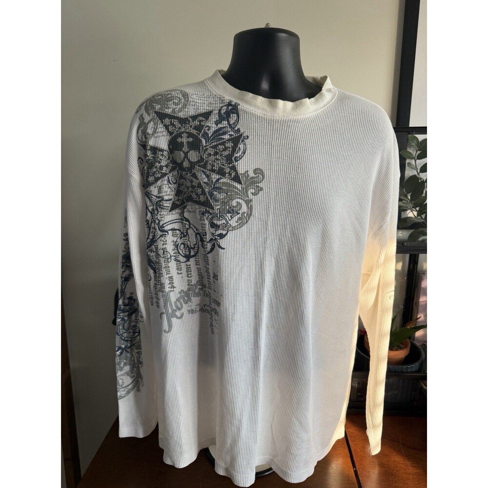 Avirex XL Y2K Skull Cross Thermal Waffle Knit Long Sleeve Shirt White Graphic